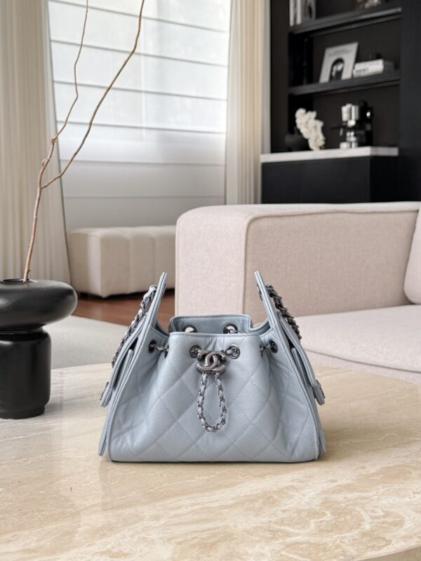 CHANEL 25 Hobo Bag Caflskin Lake Blue With Charcoal Color