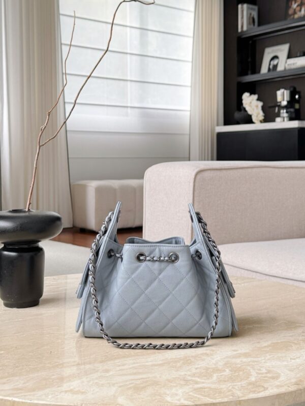 CHANEL 25 Hobo Bag Caflskin Lake Blue With Charcoal Color
