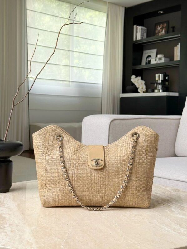 CHANEL Shopping Bag Braided Raffia Beige