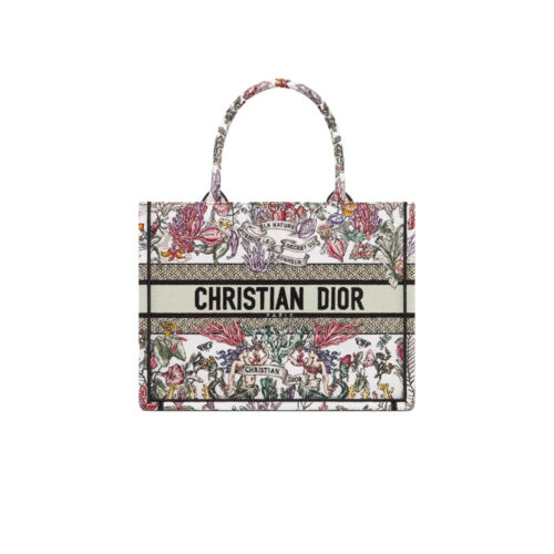 DIOR Canvas Embroidered Medium Book Tote White Multicolor