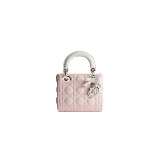 bnugy Mini Lady Dior Bag with Chain Two-Tone White and Pink Cannage Lambskin