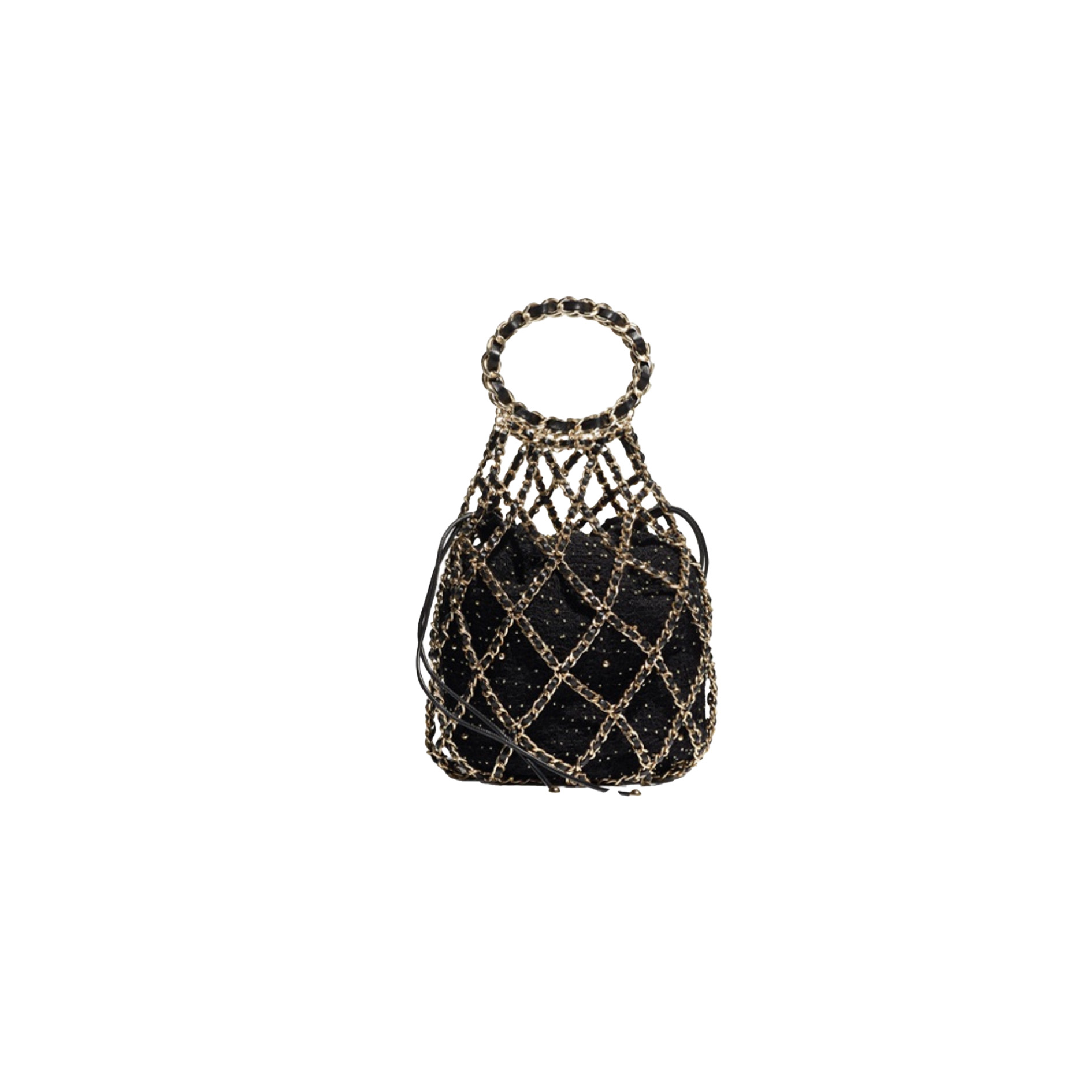 byufdtdr Chanel Métiers d’Art Runway black embellished tweed & leather chain link net bag with gold hardware