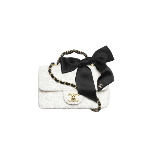 CHANEL Mini flap bag with top handle Tweed ,Silk