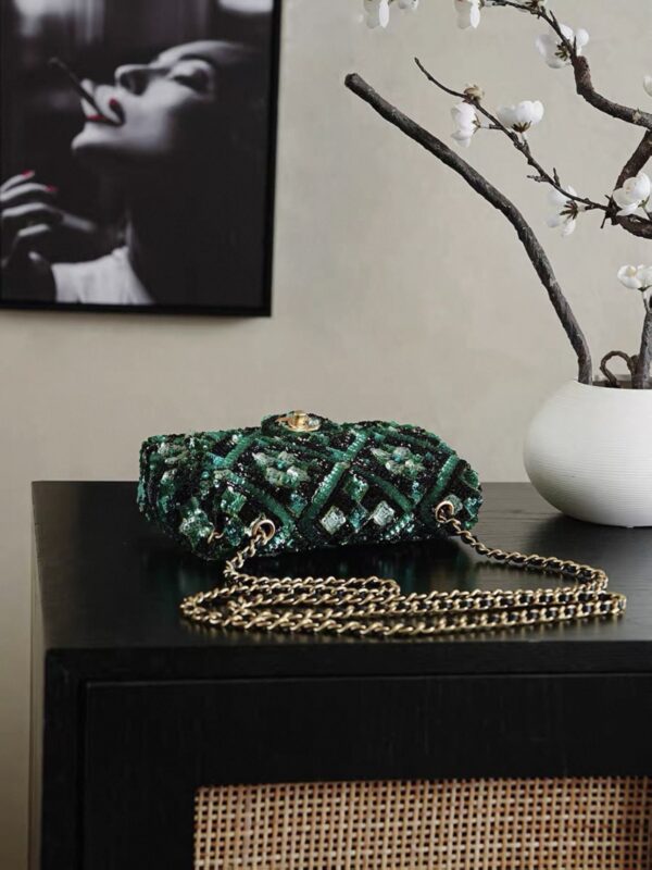 chanel green and black mosaic sequin mini flap bag gold hardware