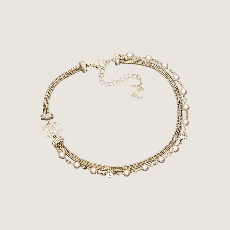 djeiwpdjwe CHANEL Crystal, Imitation Pearl and Gold Metal Double Strand Choker