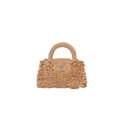 CHANEL MINI Fringe Kelly Dark Beige Raffia Wood