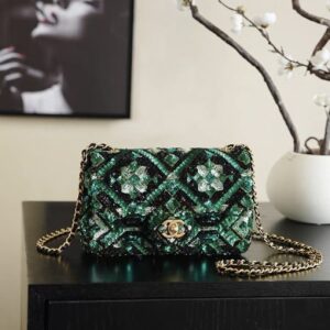 chanel green and black mosaic sequin mini flap bag gold hardware