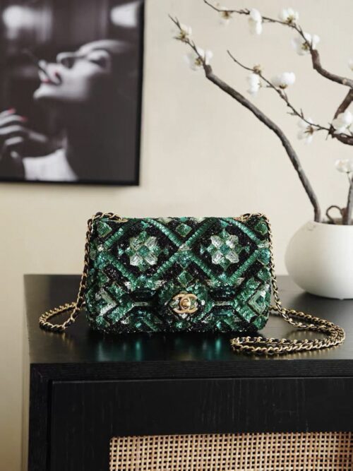 chanel green and black mosaic sequin mini flap bag gold hardware