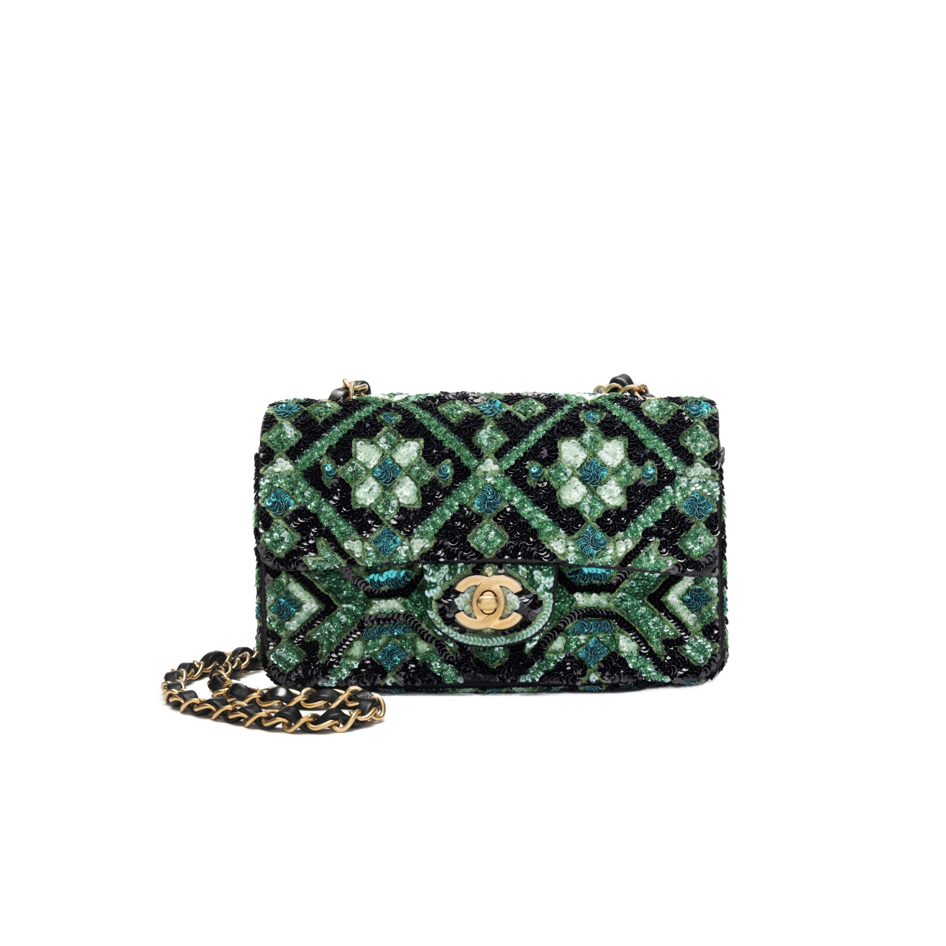 ewildjlcwc CHANEL Green and Black Mosaic Sequin Mini Flap Bag Gold Hardware