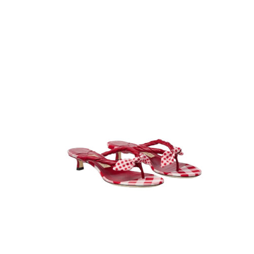 JIMMYCHOO Ruby Red Mix Mixed Gingham Cotton Mule Sandals with Gingham Bow