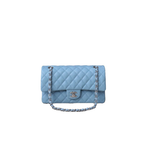 CHANEL Baby Blue Classique Flap Medium Handbag Silver Hardware