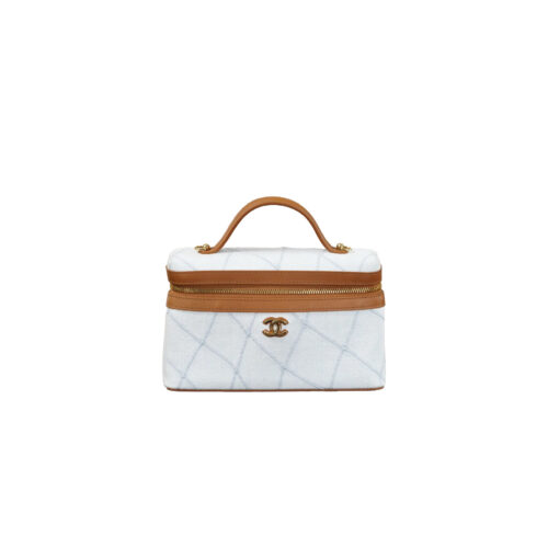 gceycecof CHANEL Washed Denim Calfskin Vanity Case With Chain Blue Brown