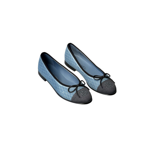 CHANEL Denim Printed Quilt CC Cap Toe Ballerina Flats