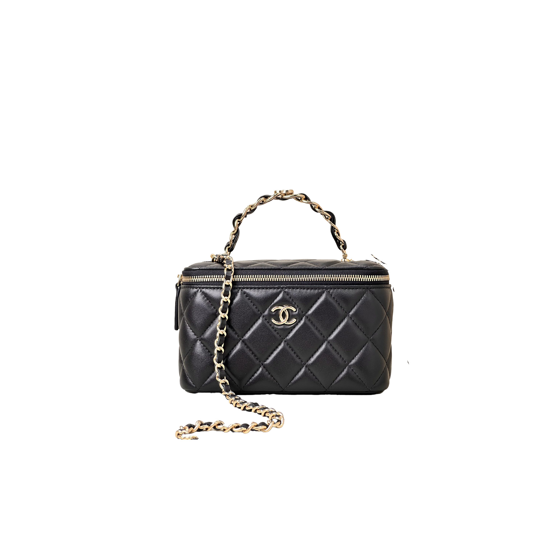 nfeirvgt CHANEL 23K Logo Handle Lambskin Box Makeup Bag
