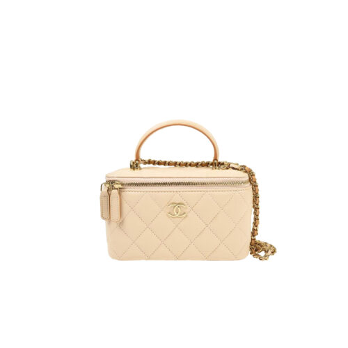 nwelkfwofj CHANEL Lambskin Quilted Small Top Handle Vanity Case With Chain Ecru Dark Beige