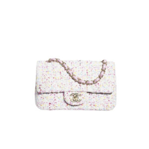 CHANEL Tweed Sequin Quilted Mini Rectangular Flap White Pink