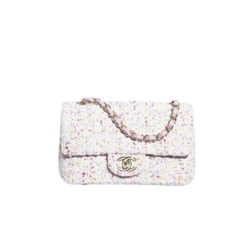 CHANEL Tweed Sequin Quilted Mini Rectangular Flap White Pink