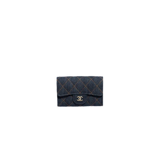 CHANEL Classic Card Holder Denim Dark Blue & Orange