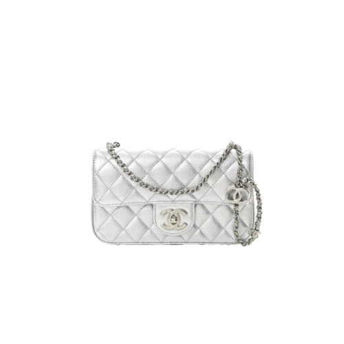CHANEL Metallic Caviar Quilted Mini Rectangular CC Slide Flap Silver