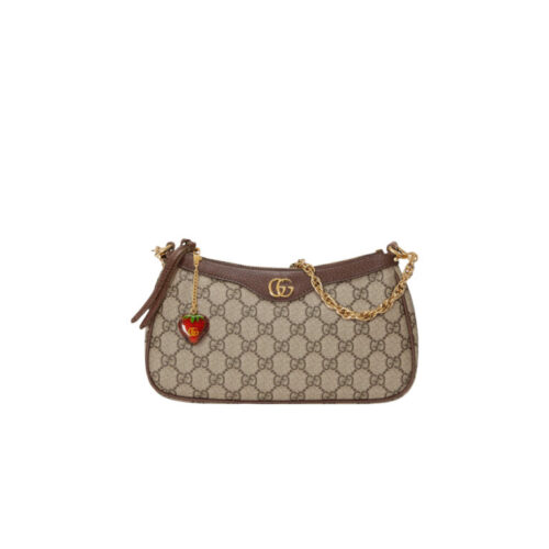 GUCCI Ophidia Strawberry Logo Pendant Chain Canvas with Leather Trim Underarm Bag