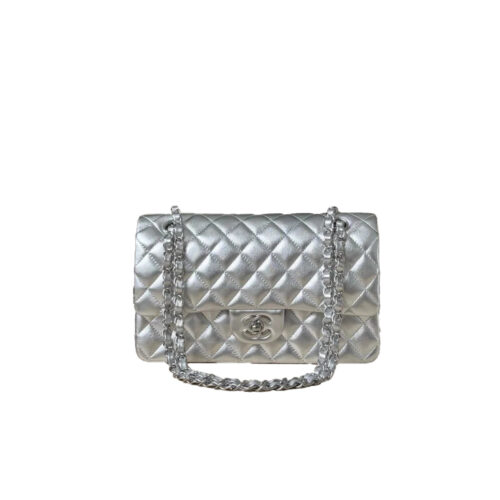 CHANEL Silver Classique Flap Medium Handbag