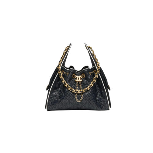 CHANEL 25bag Braided Black Raffia and White Calfskin