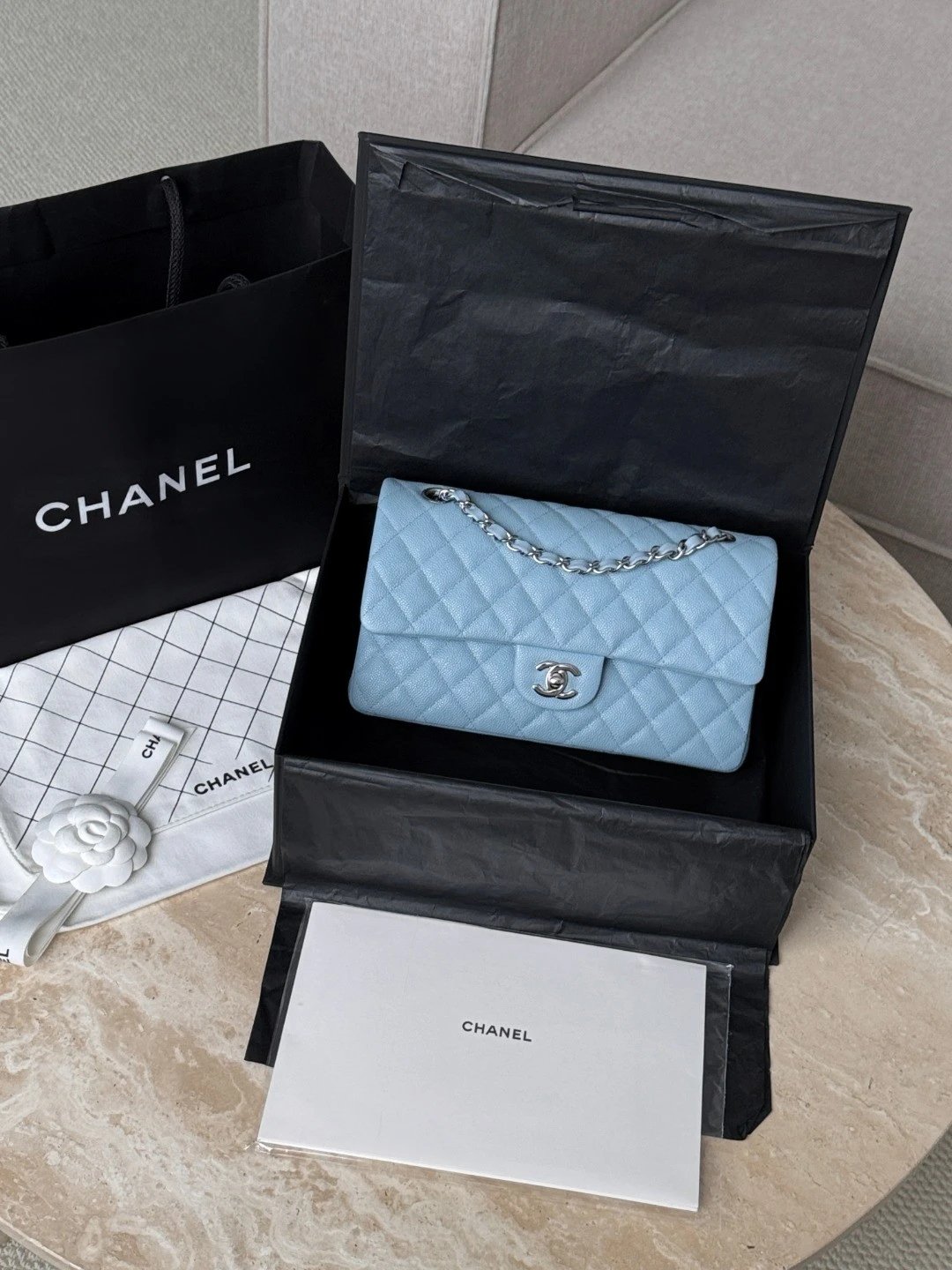 CHANEL Baby Blue Classique Flap Medium Handbag Silver Hardware IMG 1794