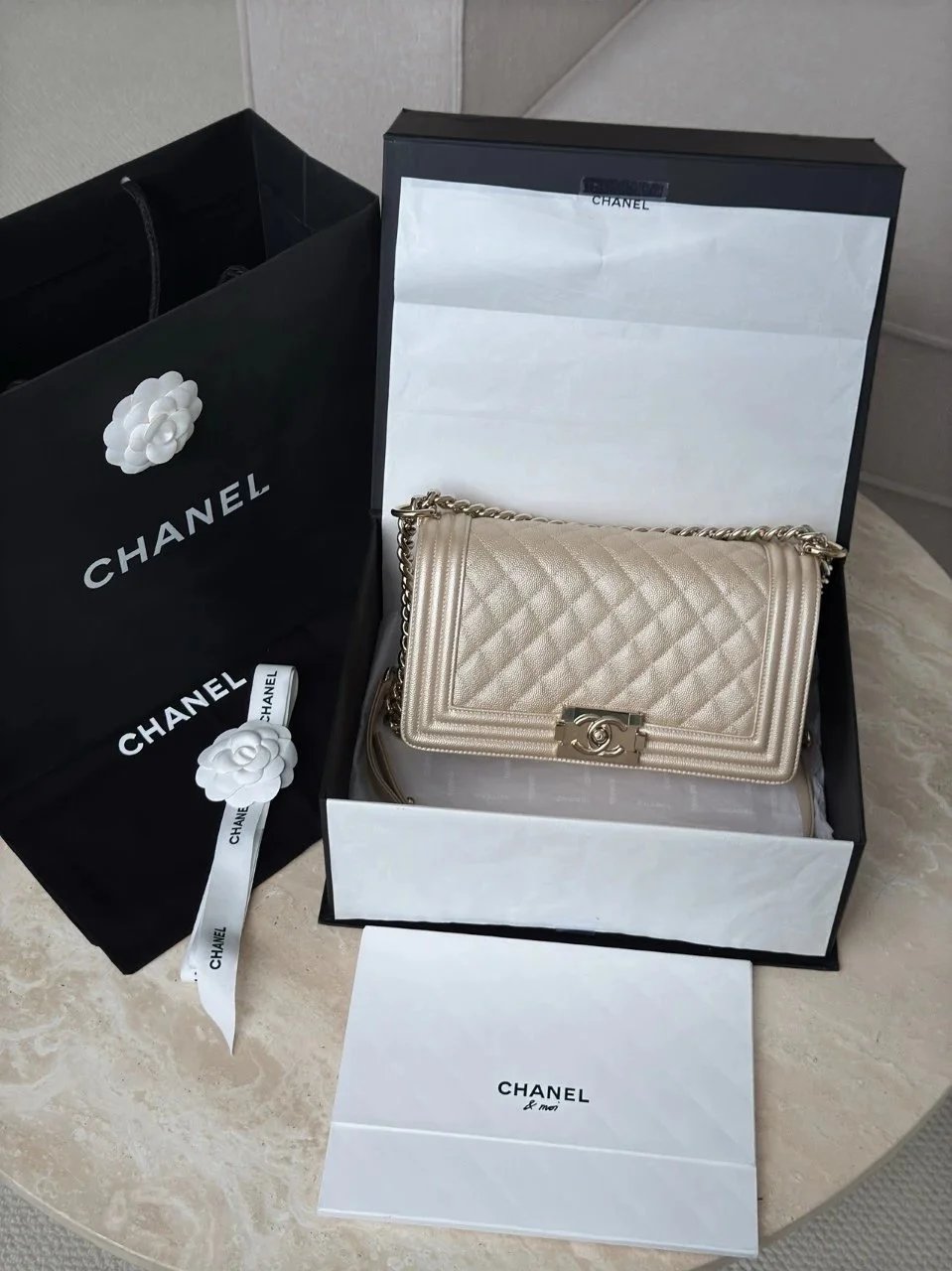 CHANEL Le Boy 25 Champagne Gold Bag IMG 4330