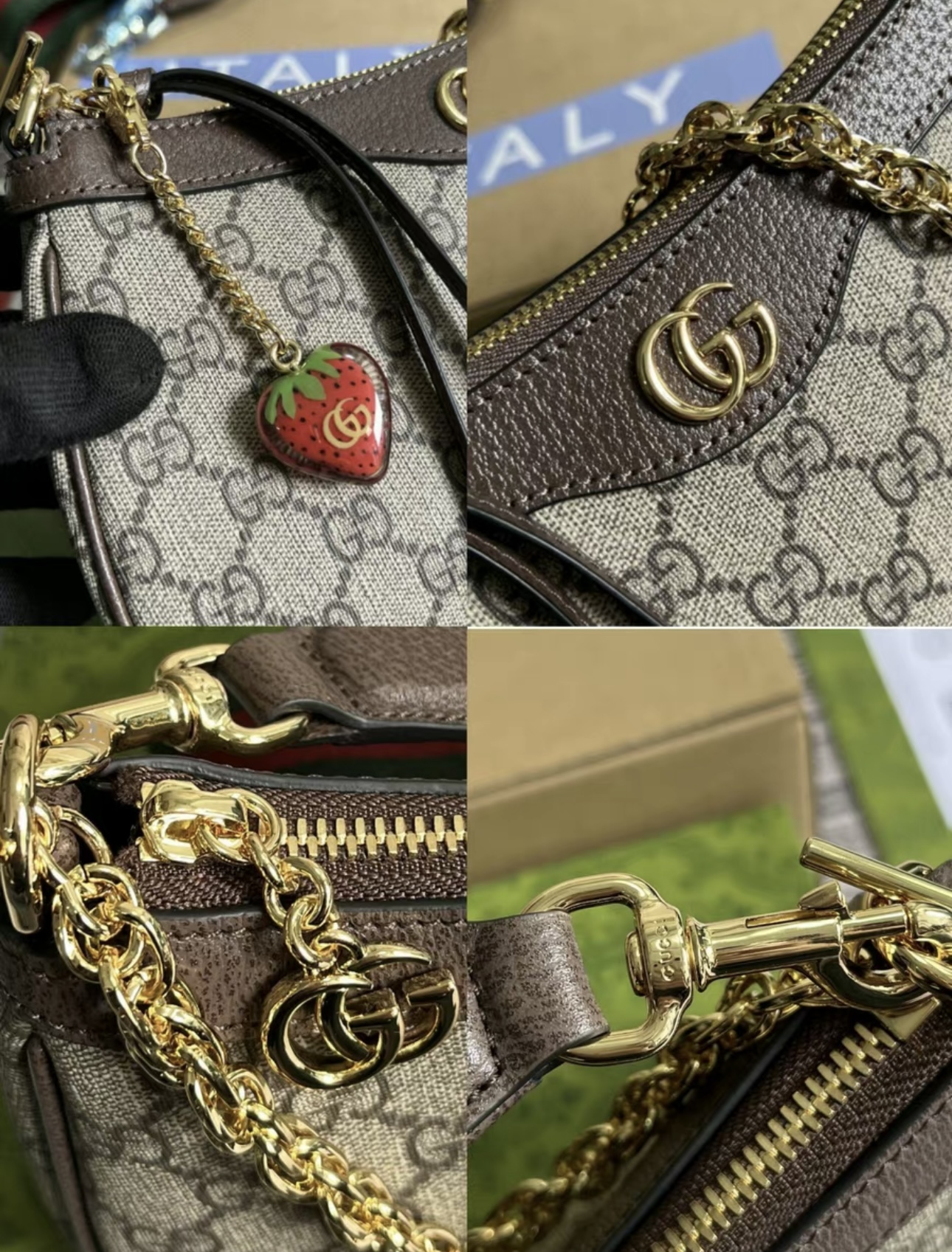 GUCCI Ophidia Strawberry Logo Pendant Chain Canvas with Leather Trim Underarm Bag IMG 6077